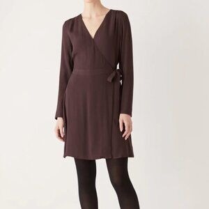 FRANK AND OAK THE WRAP BELTED MINI DRESS IN CHOCOLATE SHIMMER BROWN - S